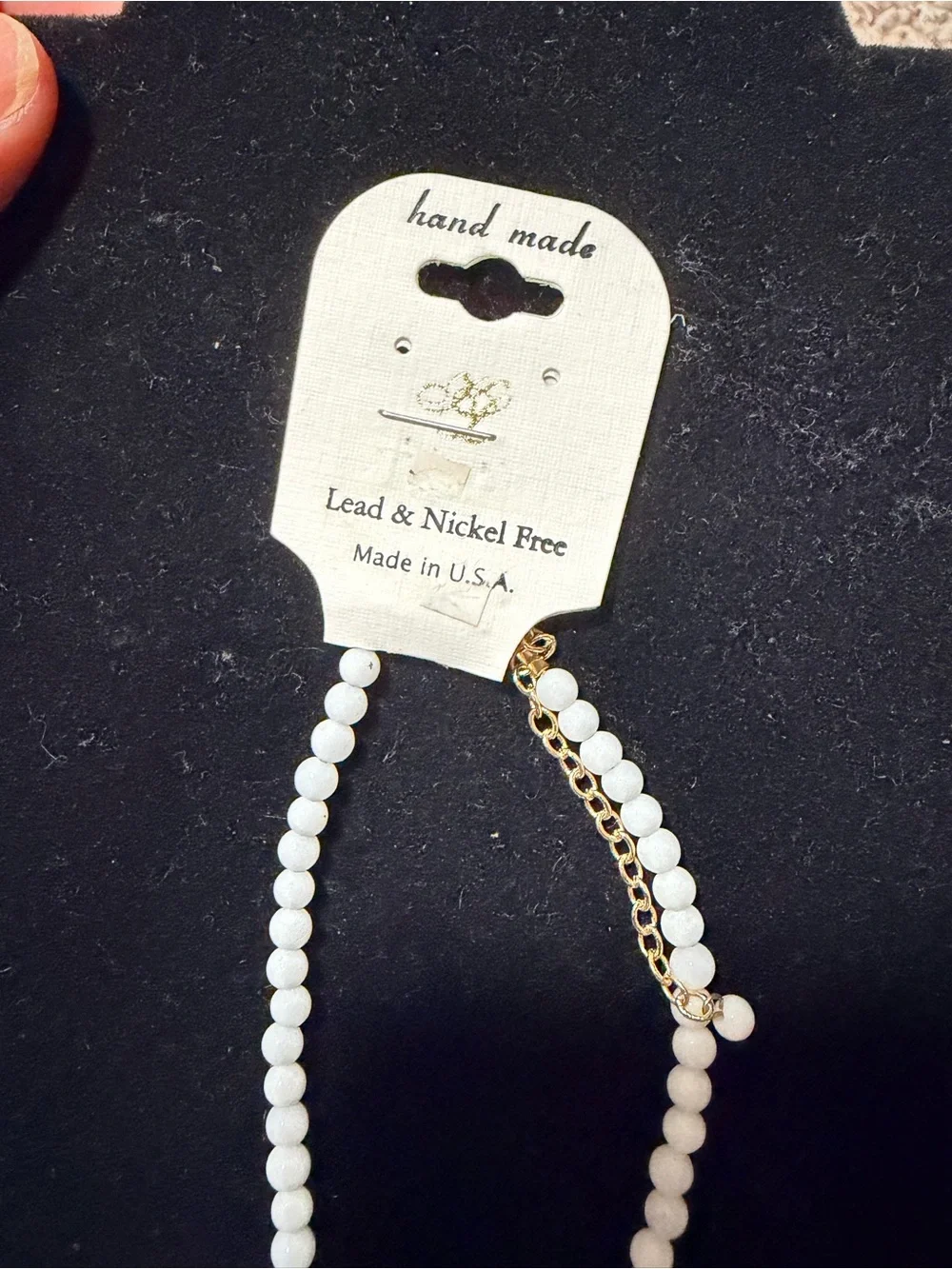 Handmade White Beaded Necklace with Gold Triangle Charms